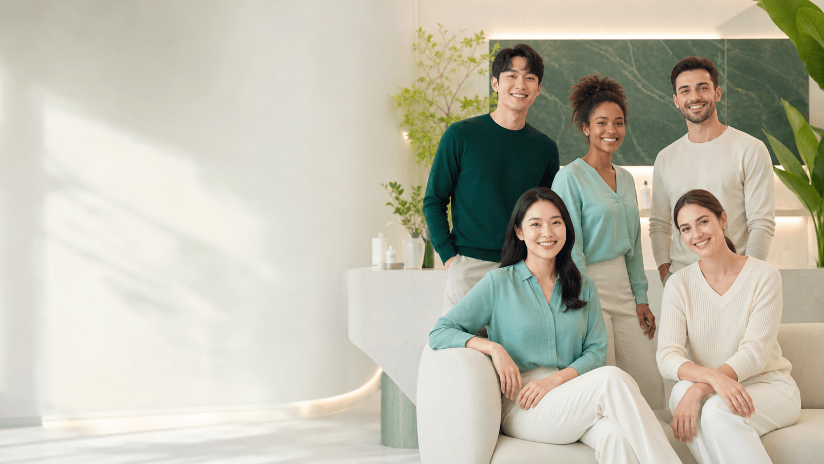 Diverse healthy women and men in a bright wellness clinic